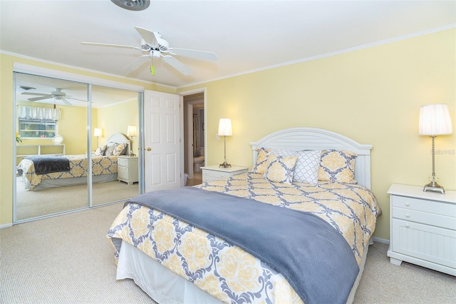 bedroom featuring carpet, ornamental molding, ceiling fan, and a closet