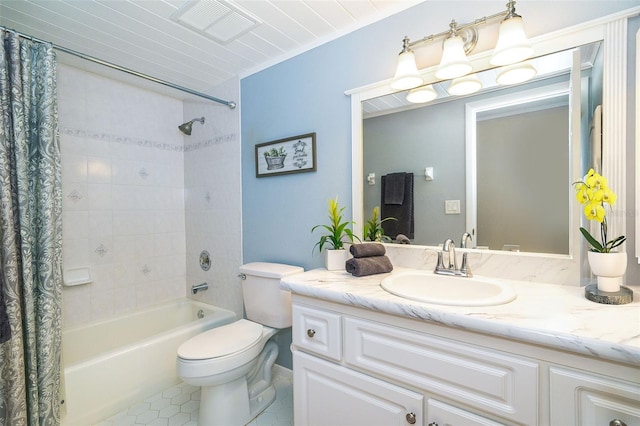 full bath featuring shower / bath combo, visible vents, toilet, tile patterned flooring, and vanity