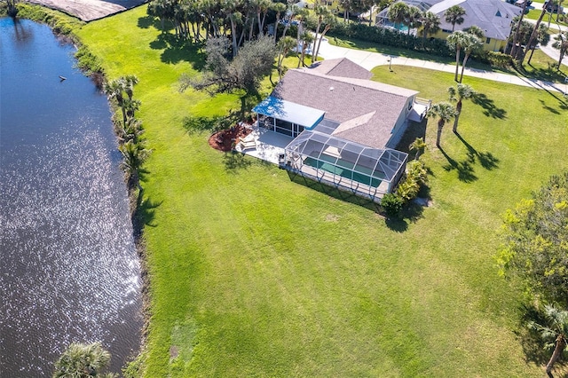 drone / aerial view featuring a water view