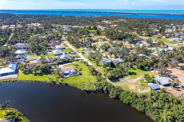 drone / aerial view featuring a water view