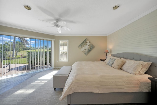 bedroom featuring access to outside, ornamental molding, and ceiling fan