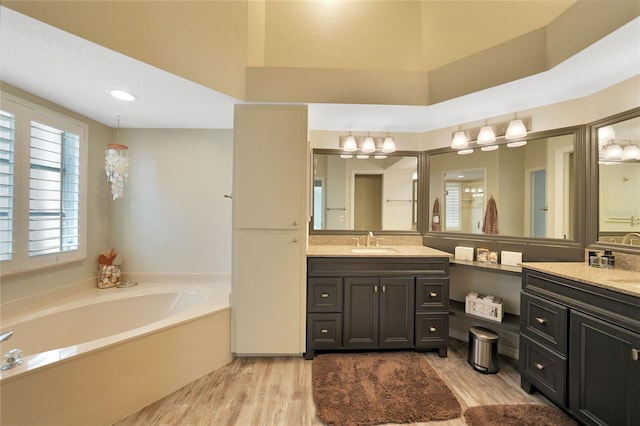 bathroom with vanity, a tub to relax in, and hardwood / wood-style flooring