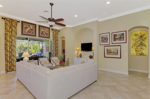 living room with crown molding and ceiling fan