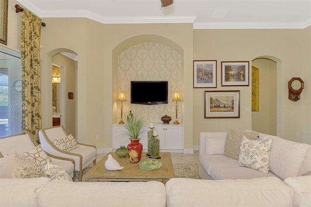 living room with ornamental molding