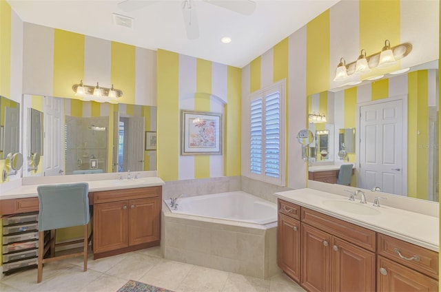 bathroom with ceiling fan, vanity, separate shower and tub, and tile patterned flooring