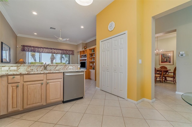 kitchen featuring light tile patterned floors, ornamental molding, stainless steel dishwasher, and light stone countertops