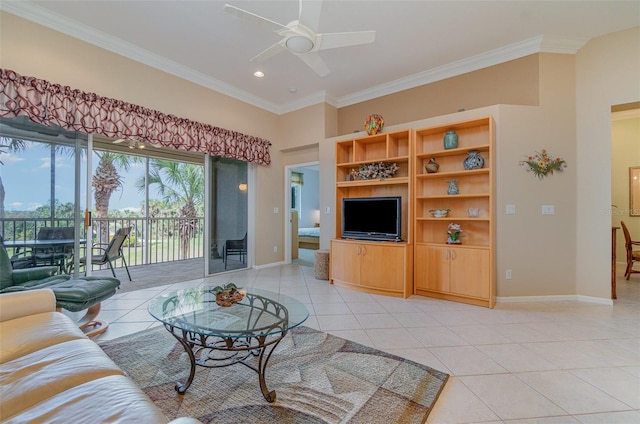 living room featuring crown molding, ceiling fan, and light tile patterned floors