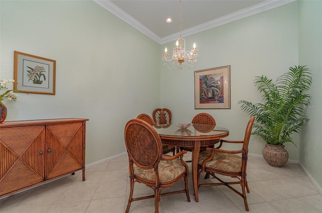 tiled dining room featuring ornamental molding and a chandelier