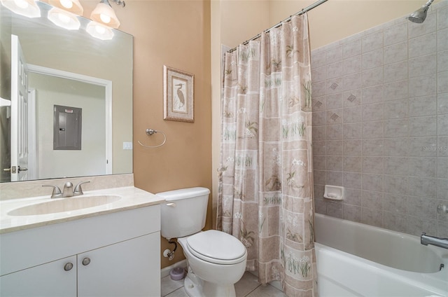 full bathroom featuring shower / tub combo with curtain, electric panel, vanity, tile patterned floors, and toilet