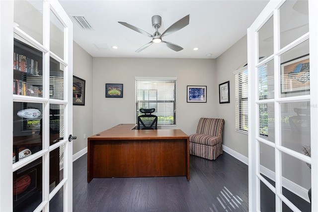 home office featuring french doors, ceiling fan, and dark hardwood / wood-style flooring