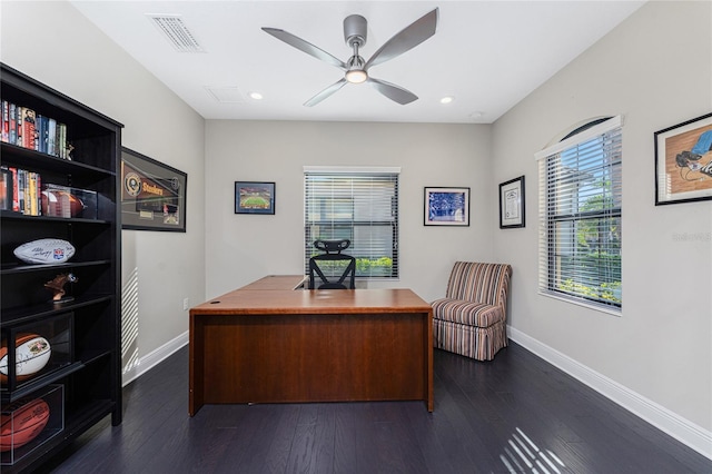 office space with dark hardwood / wood-style floors and ceiling fan