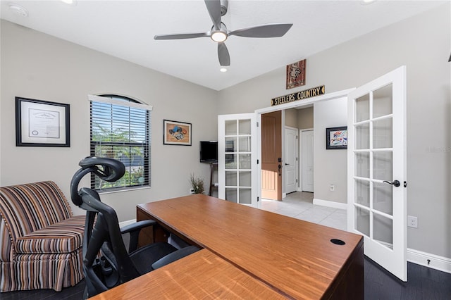 office area with light tile patterned floors, ceiling fan, and french doors