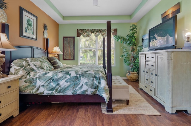 bedroom with a raised ceiling and dark hardwood / wood-style floors