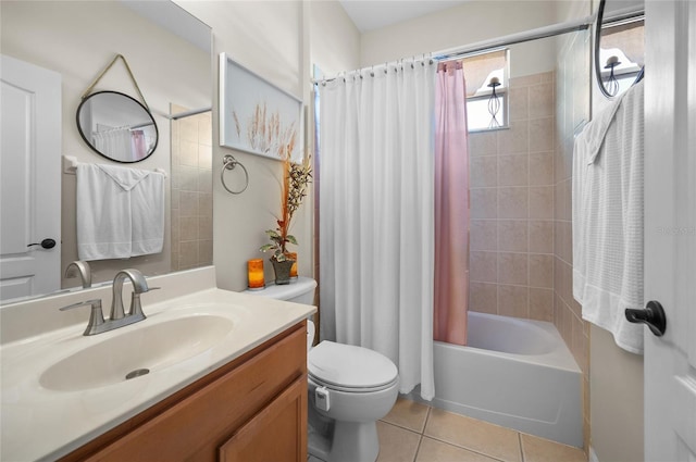 full bathroom featuring tile patterned flooring, vanity, toilet, and shower / tub combo with curtain