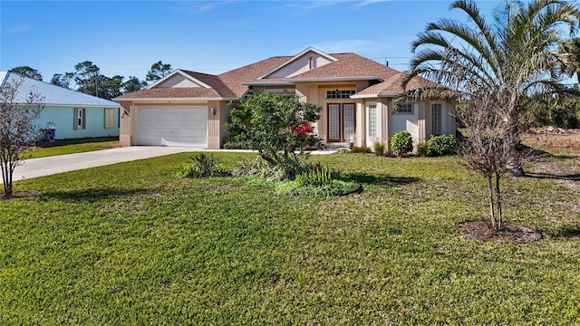 411 Boundary Blvd, Rotonda West, FL 33947 - view of front of home with stucco siding, concrete driveway, a front yard, and a garage