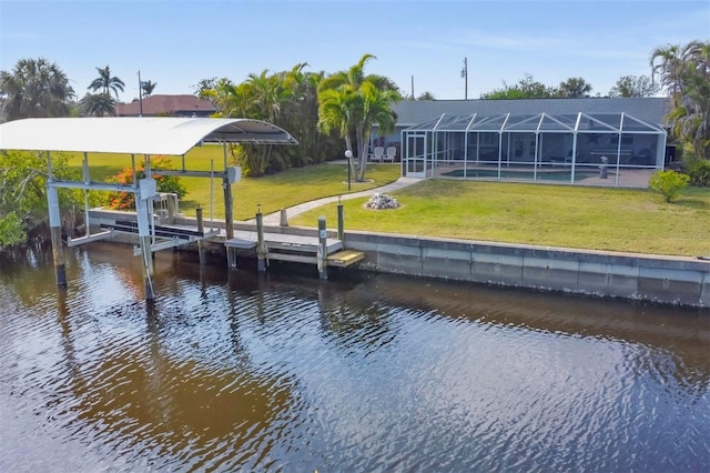 view of dock featuring a water view, a pool, a yard, and a lanai