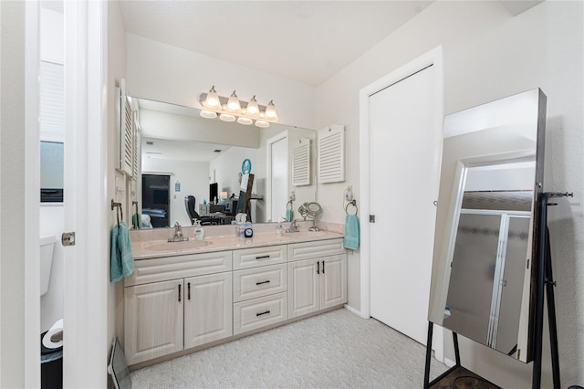 bathroom featuring vanity and an enclosed shower