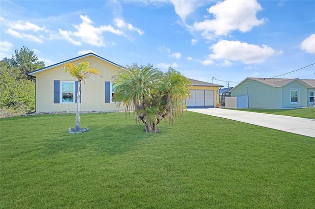 ranch-style home with a garage and a front yard