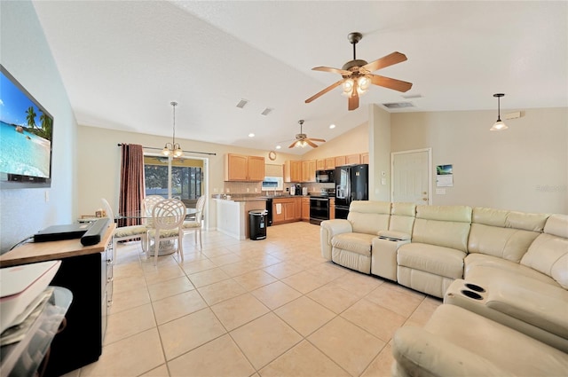 tiled living room with ceiling fan and vaulted ceiling