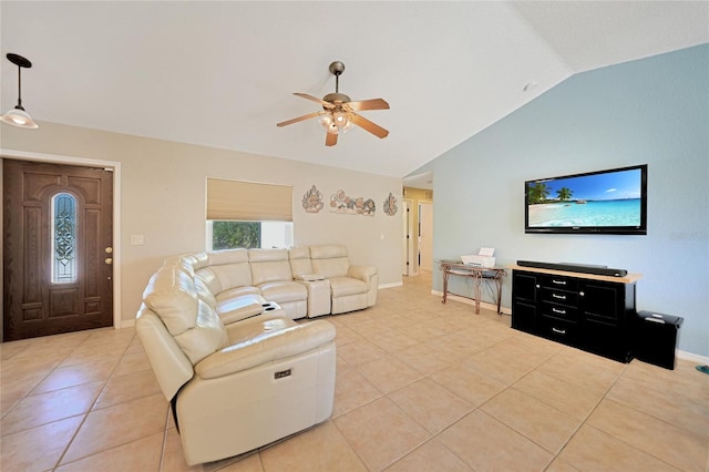 living room with light tile patterned flooring, lofted ceiling, and ceiling fan