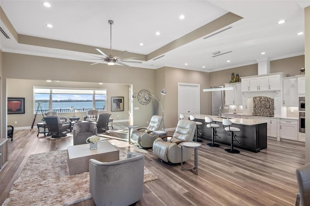 living room with sink, a tray ceiling, hardwood / wood-style floors, and a water view