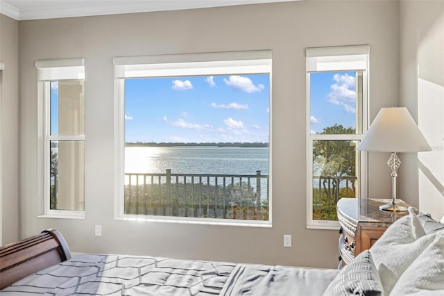 bedroom featuring crown molding and a water view