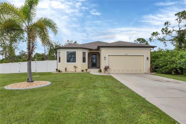 view of front of house with a garage, fence, driveway, stucco siding, and a front yard