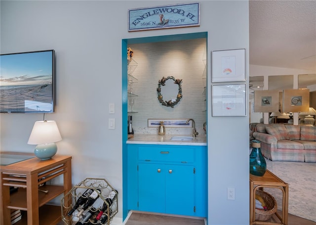 interior space with blue cabinets, sink, and decorative backsplash