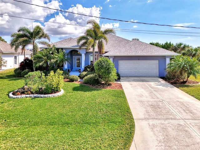 view of front of property featuring a garage and a front yard