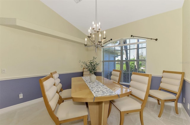 carpeted dining area featuring a notable chandelier and vaulted ceiling