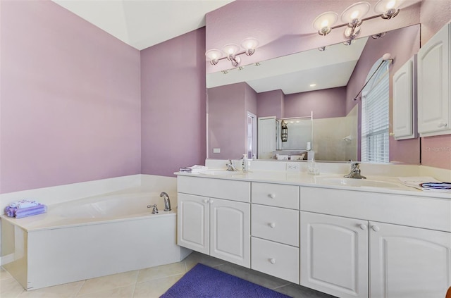 bathroom with vanity, tile patterned floors, and independent shower and bath