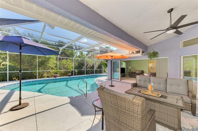 view of pool featuring an outdoor living space, a lanai, and a patio