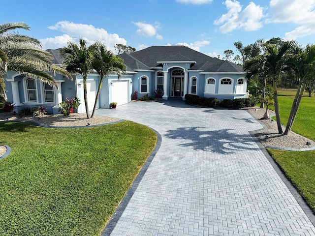 ranch-style house with a garage and a front lawn