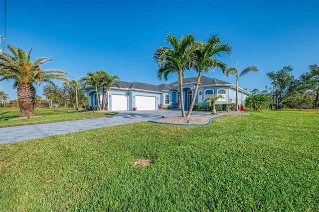 ranch-style home with a garage and a front yard