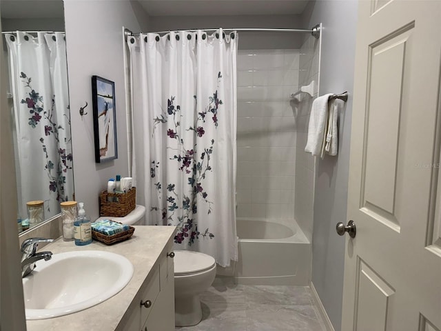 full bathroom with toilet, vanity, and shower / bathtub combination with curtain