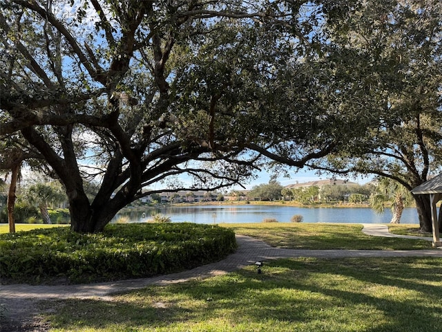 surrounding community featuring a water view and a lawn