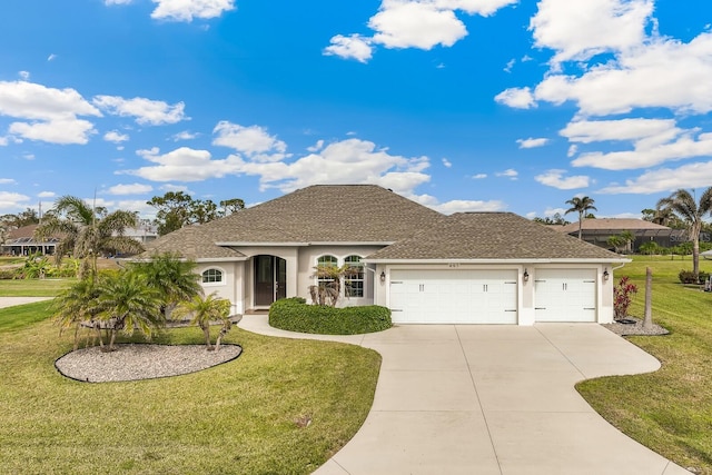 view of front of house featuring a garage and a front lawn