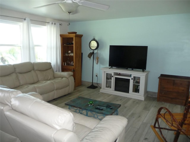 living room with ceiling fan and light wood-type flooring