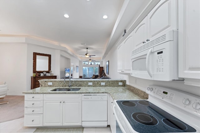 kitchen featuring white cabinetry, sink, white appliances, and kitchen peninsula