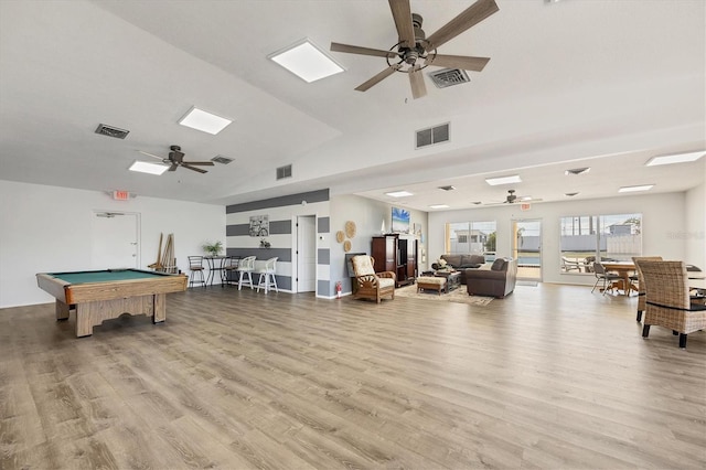 playroom with ceiling fan, pool table, and light wood-type flooring