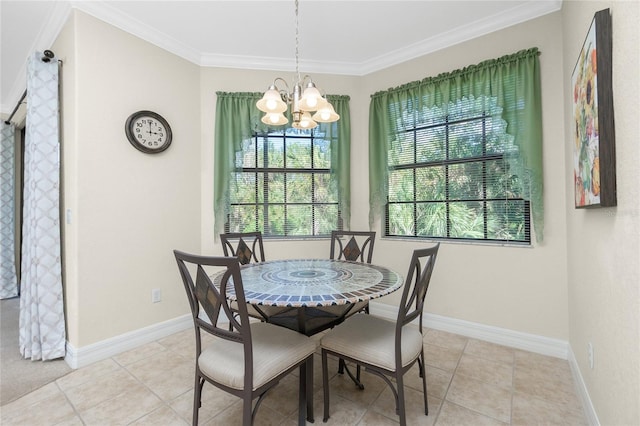 tiled dining space with a notable chandelier and ornamental molding