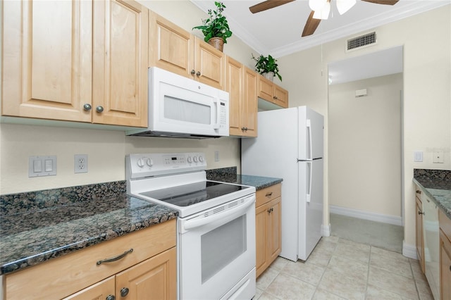 kitchen featuring dark stone countertops, ornamental molding, ceiling fan, light brown cabinets, and white appliances