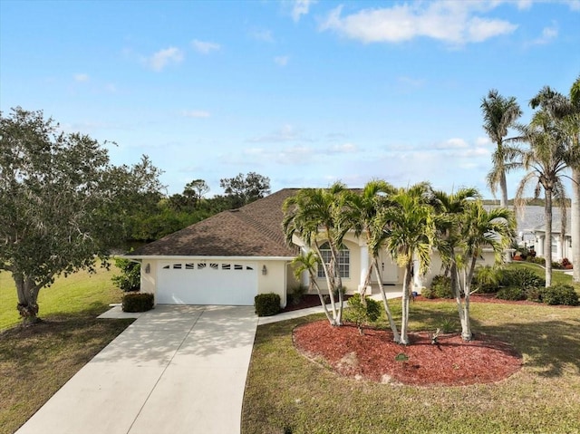 view of front of home featuring stucco siding, an attached garage, concrete driveway, and a front yard