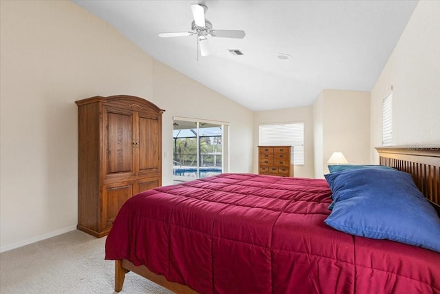 bedroom with baseboards, visible vents, access to exterior, vaulted ceiling, and light colored carpet