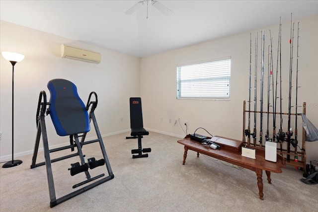 workout area with baseboards, an AC wall unit, carpet, and a ceiling fan