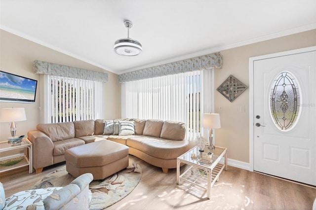 living room featuring crown molding, vaulted ceiling, and light hardwood / wood-style floors