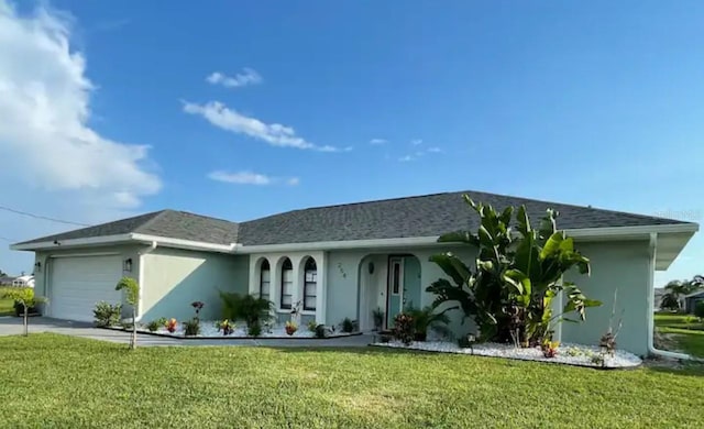 ranch-style home featuring a garage and a front lawn