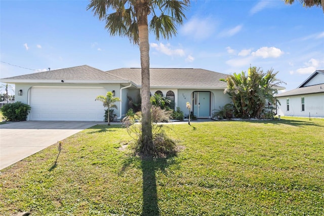 single story home featuring a garage and a front yard