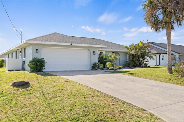 ranch-style house featuring a garage and a front lawn