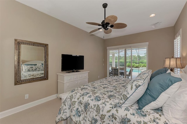 carpeted bedroom featuring access to exterior and ceiling fan